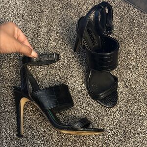 Topshop Black Croc-Embossed Strappy Stiletto Heels